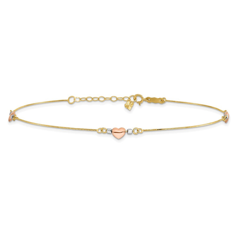 14k Tri-Color Puffed Heart 10in Plus 1in ext Anklet-ANK161-10