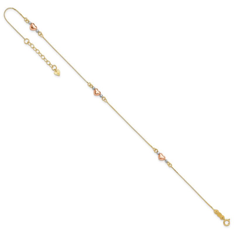 14k Tri-Color Puffed Heart 9in Plus 1in ext Anklet-ANK161-9