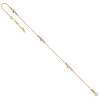 14k Tri-Color Puffed Heart 10in Plus 1in ext Anklet-ANK161-10