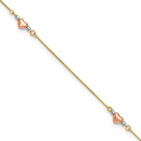 14k Tri-Color Puffed Heart 10in Plus 1in ext Anklet-ANK161-10