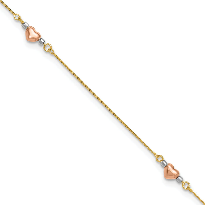 14k Tri-Color Puffed Heart 10in Plus 1in ext Anklet-ANK161-10