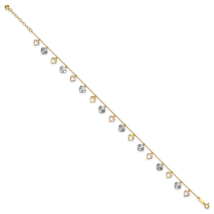 14K Tri-Color Heart 9in Plus 1in ext  Anklet-ANK172-9