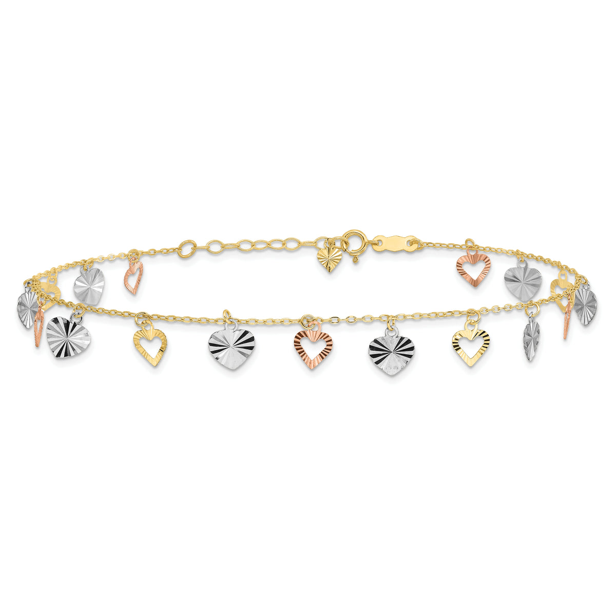 14K Tri-Color Heart 9in Plus 1in ext  Anklet-ANK172-9