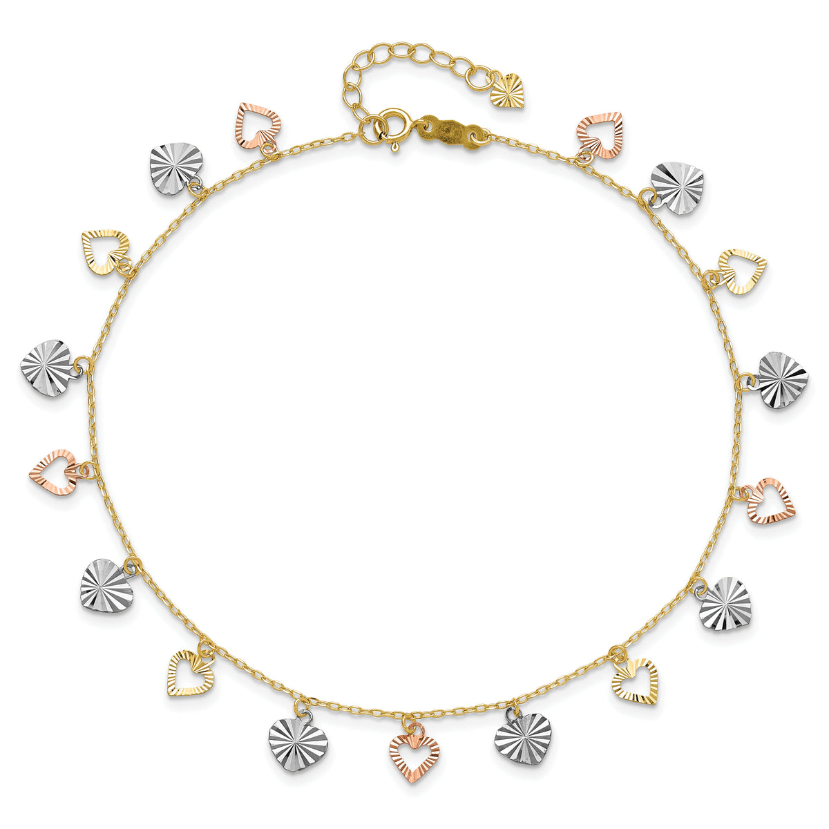 14K Tri-Color Heart 9in Plus 1in ext  Anklet-ANK172-9