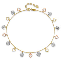 14K Tri-Color Heart 9in Plus 1in ext  Anklet-ANK172-9