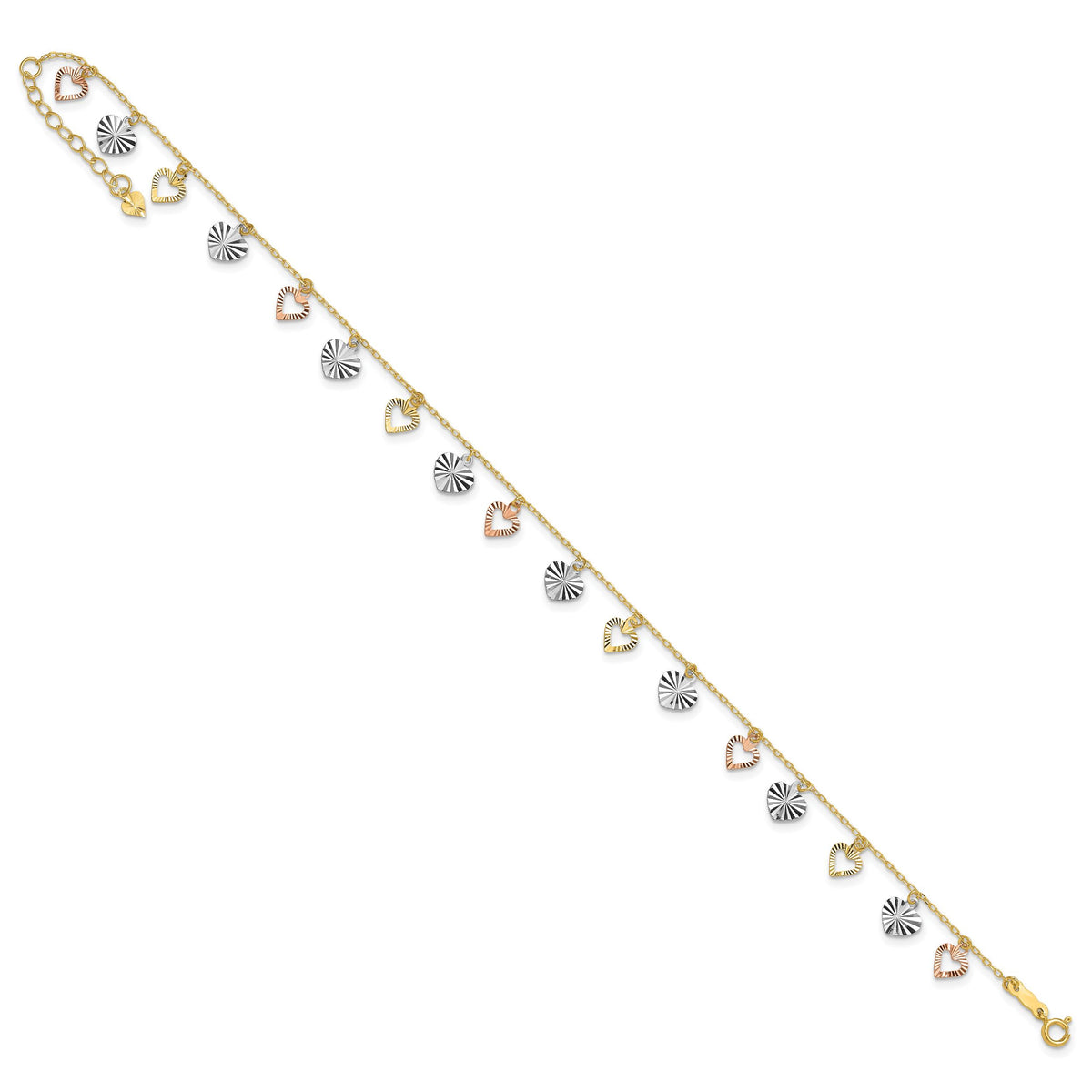 14K Tri-Color Heart 9in Plus 1in ext  Anklet-ANK172-9