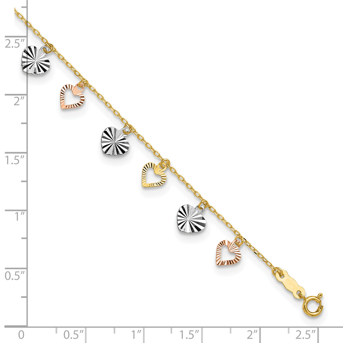 14K Tri-Color Heart 9in Plus 1in ext  Anklet-ANK172-9