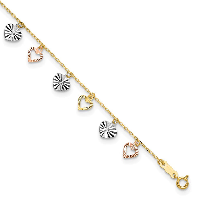 14K Tri-Color Heart 9in Plus 1in ext  Anklet-ANK172-9