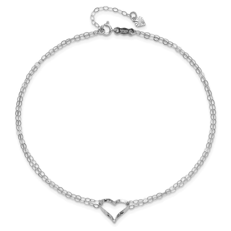 14k White Gold Double Strand Heart 9in Plus 1in ext. Anklet-ANK174-9