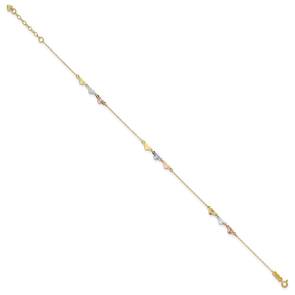 14K Tri-Color Diamond-cut Hearts 9in Plus 1in ext  Anklet-ANK175-9
