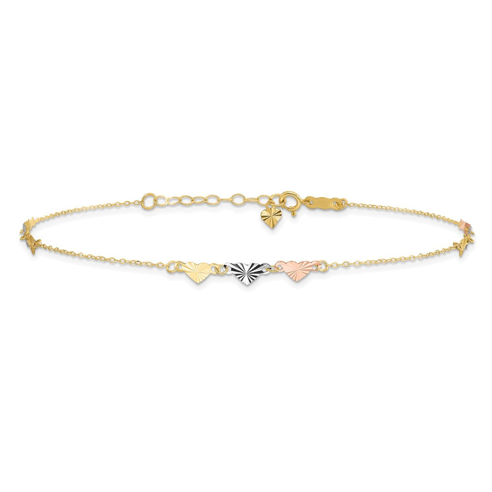 14K Tri-Color Diamond-cut Hearts 9in Plus 1in ext  Anklet-ANK175-9