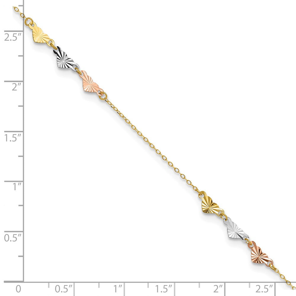 14K Tri-Color Diamond-cut Hearts 9in Plus 1in ext  Anklet-ANK175-9