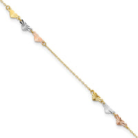 14K Tri-Color Diamond-cut Hearts 9in Plus 1in ext  Anklet-ANK175-9