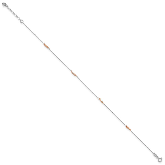 14K Two-Tone Mirror Beaded 9in Plus 1in ext. Anklet-ANK179-9