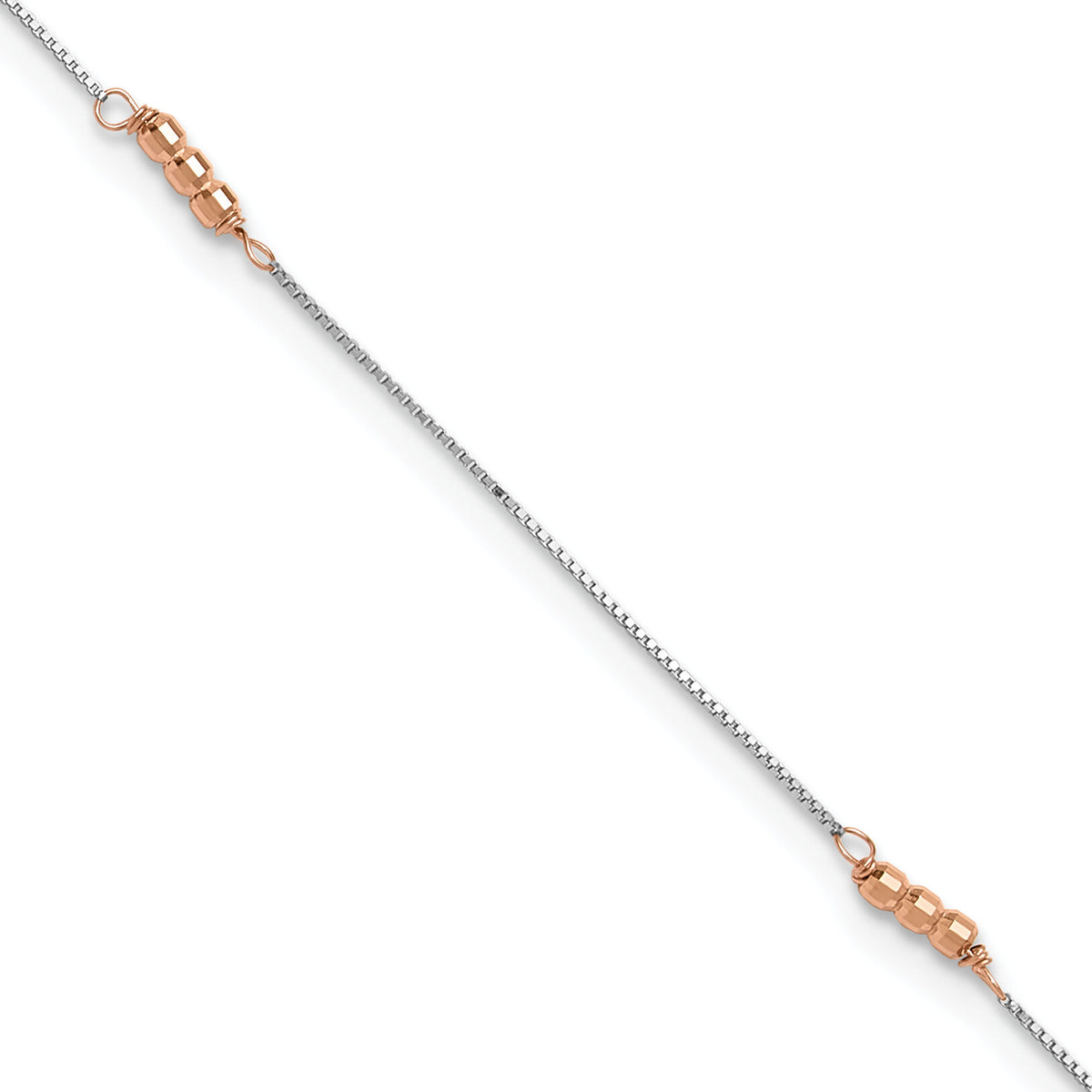 14K Two-Tone Mirror Beaded 9in Plus 1in ext. Anklet-ANK179-9