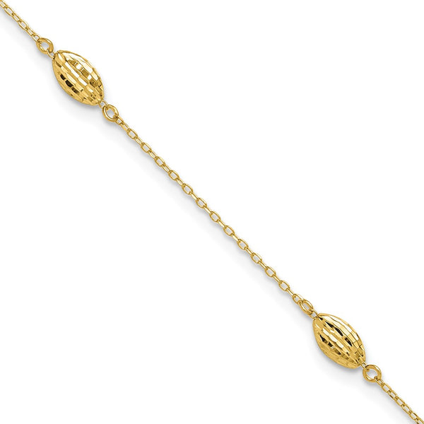 14k Polished Puffed Rice Bead 10in Plus 1in ext. Anklet-ANK180-10