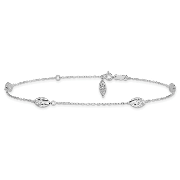 14k White Gold Puffed Rice Bead 10in Plus 1in ext. Anklet-ANK181-10