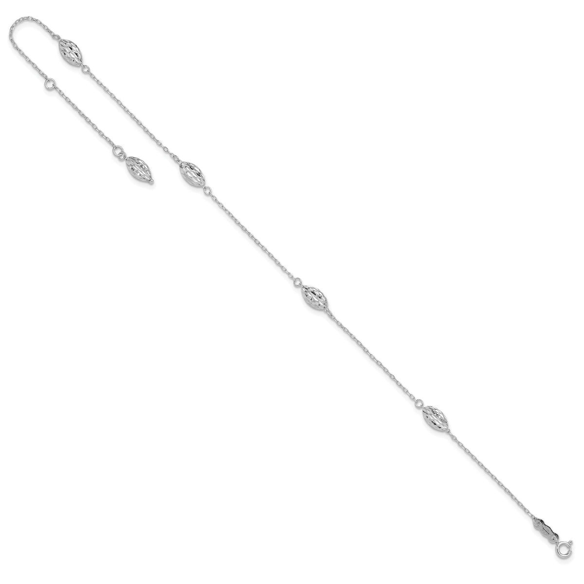 14k White Gold Puffed Rice Bead 10in Plus 1in ext. Anklet-ANK181-10