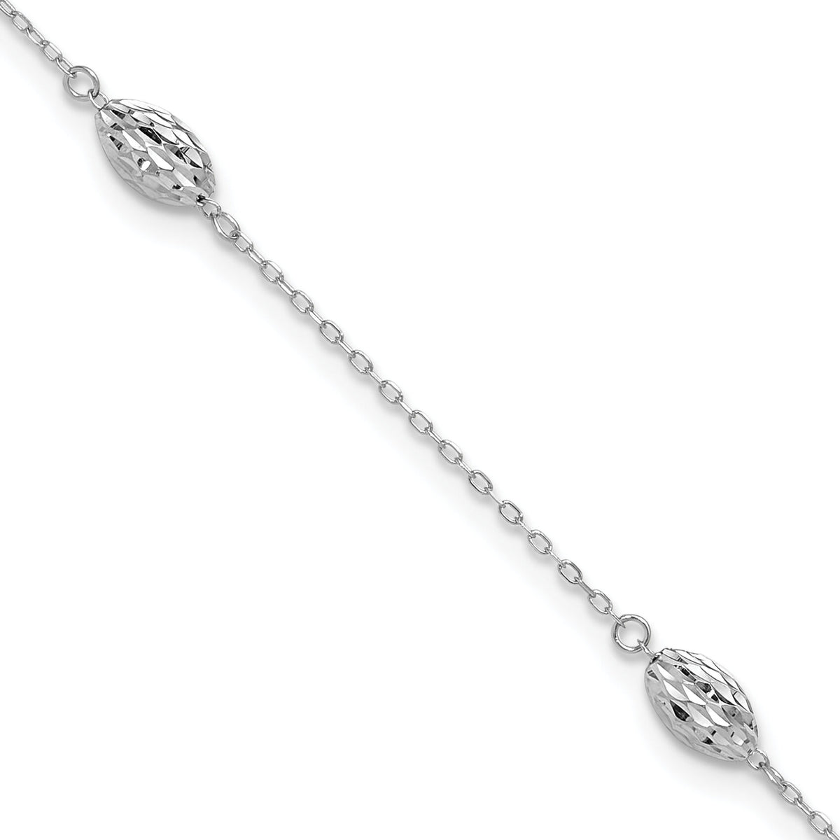 14k White Gold Puffed Rice Bead 10in Plus 1in ext. Anklet-ANK181-10