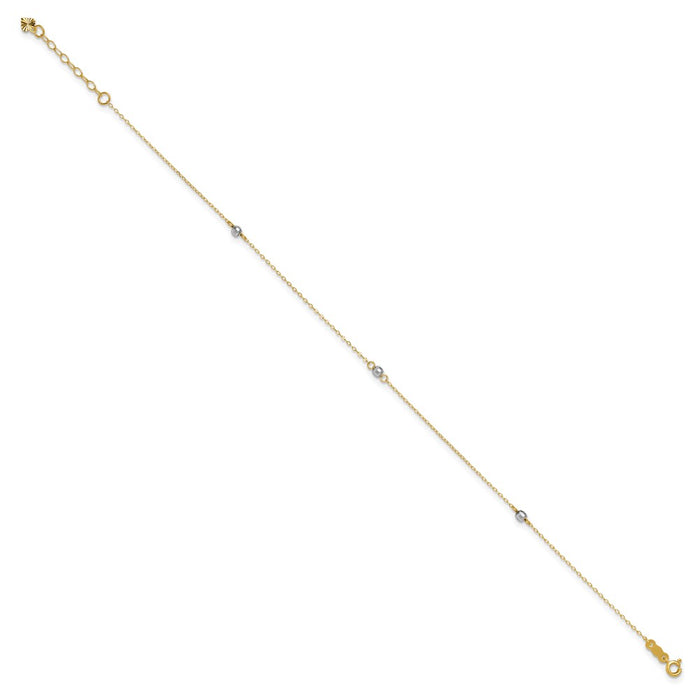 14k Two-tone Mirror Bead 9in Plus 1in ext. Anklet-ANK185-9