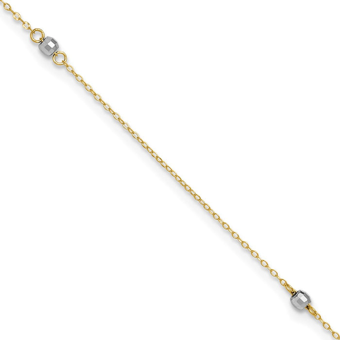 14k Two-tone Mirror Bead 10in Plus 1in ext. Anklet-ANK185-10