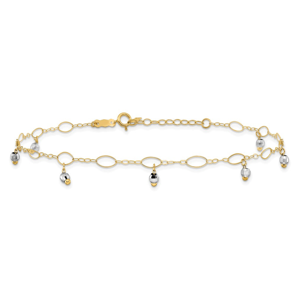 14K Two-Tone Mirror Beaded 9in Plus 1in ext. Anklet-ANK187-9