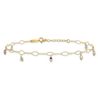 14K Two-Tone Mirror Beaded 9in Plus 1in ext. Anklet-ANK187-9