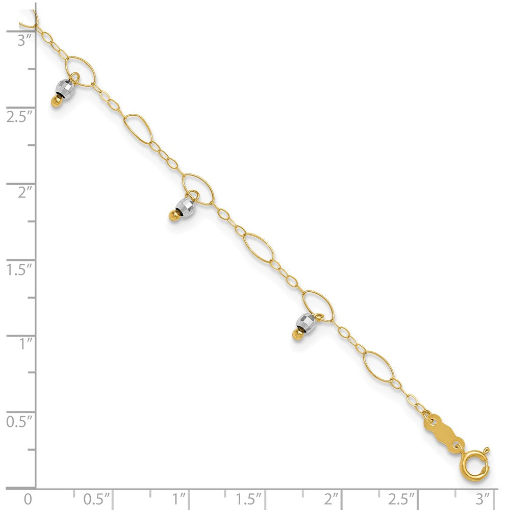 14K Two-Tone Mirror Beaded 9in Plus 1in ext. Anklet-ANK187-9