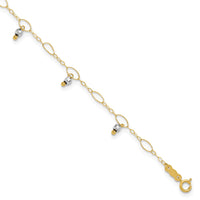 14K Two-Tone Mirror Beaded 9in Plus 1in ext. Anklet-ANK187-9