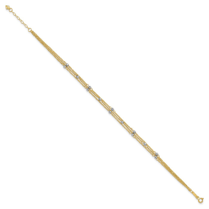 14k Two-tone Triple Strand 9in Plus 1in ext. Anklet-ANK194-9