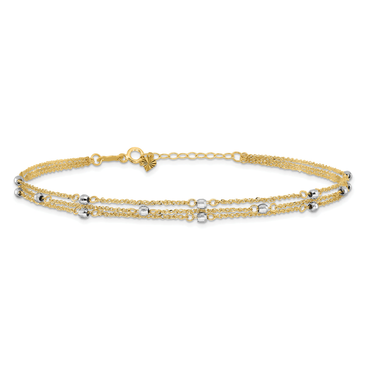 14k Two-tone Triple Strand 9in Plus 1in ext. Anklet-ANK194-9