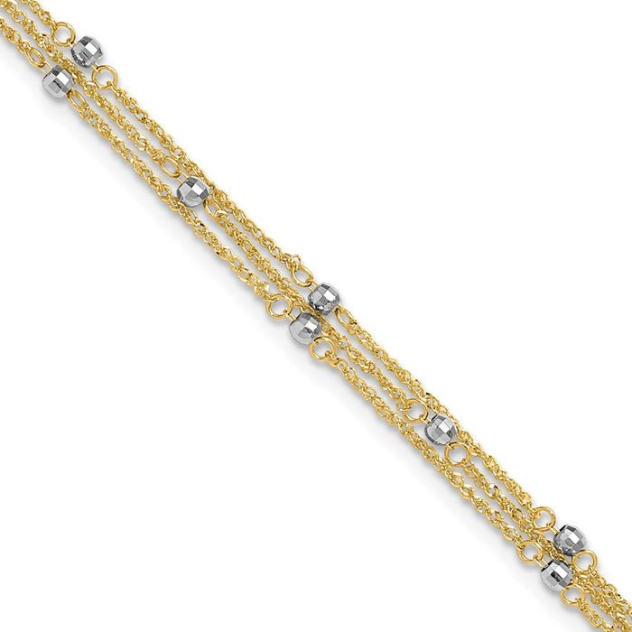 14k Two-tone Triple Strand 10in Plus 1in ext. Anklet-ANK194-10