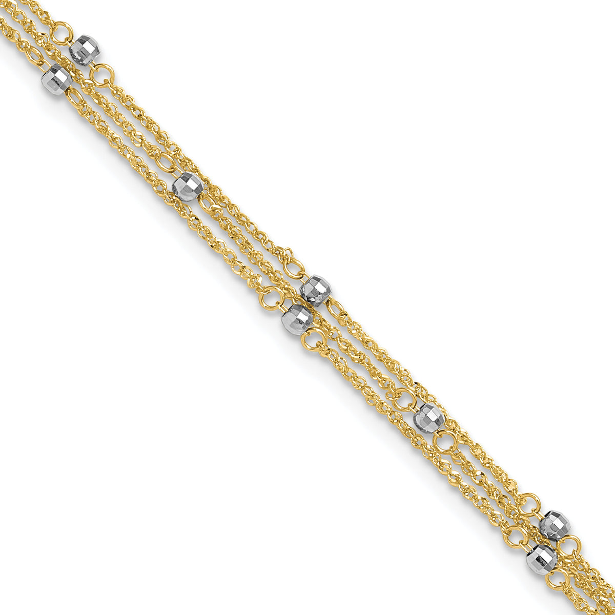 14k Two-tone Triple Strand 10in Plus 1in ext. Anklet-ANK194-10