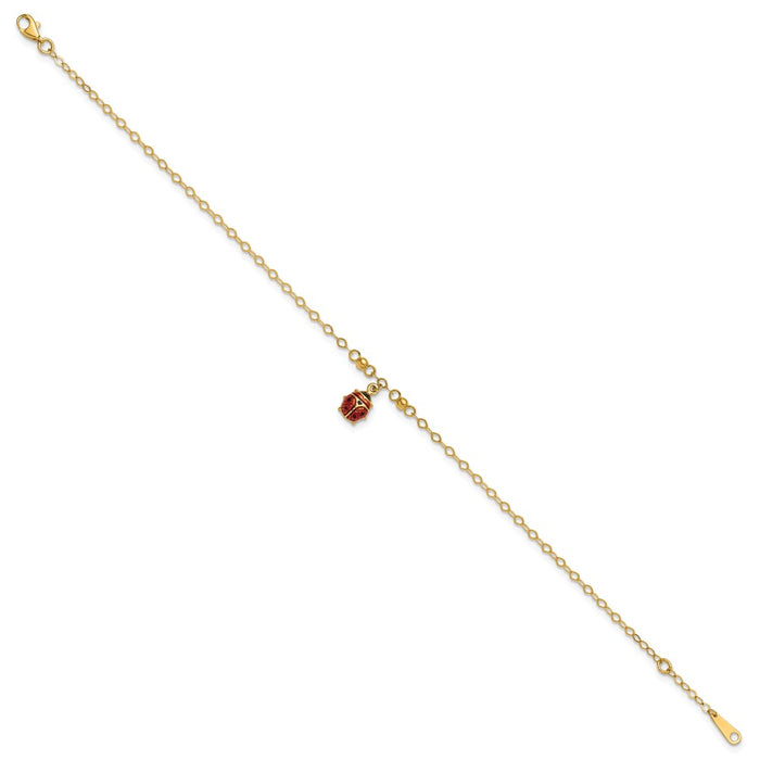 14K Adjustable Enameled Ladybug 9in Plus 1in ext. Anklet-ANK197-10