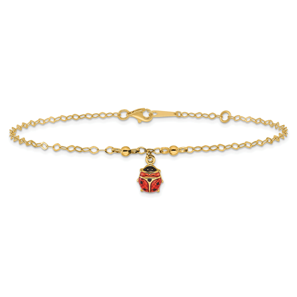 14K Adjustable Enameled Ladybug 9in Plus 1in ext. Anklet-ANK197-10
