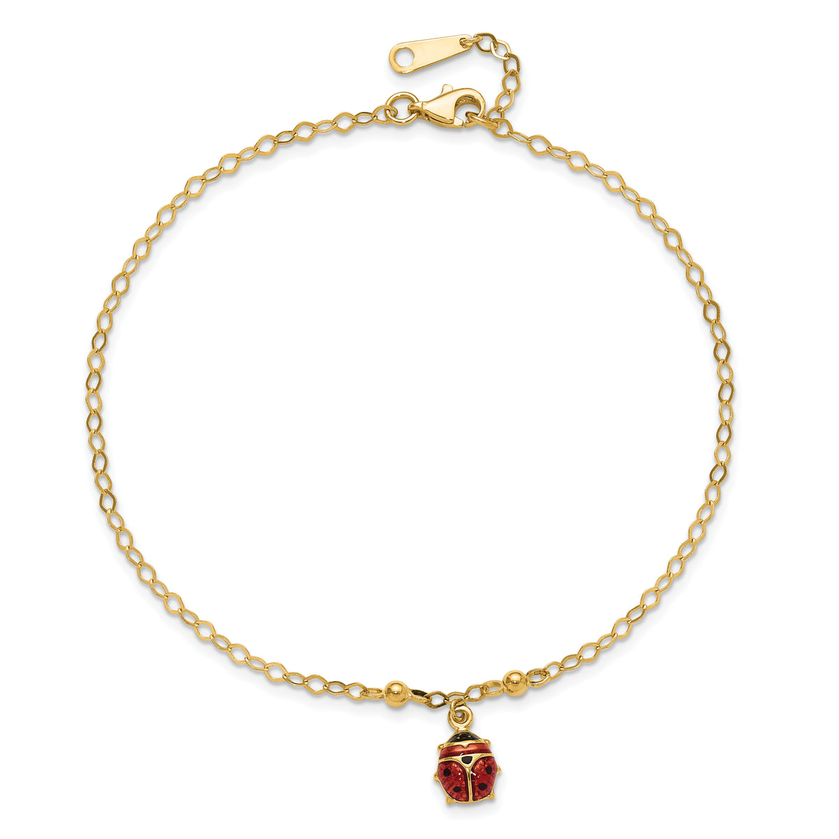 14K Adjustable Enameled Ladybug 9in Plus 1in ext. Anklet-ANK197-10