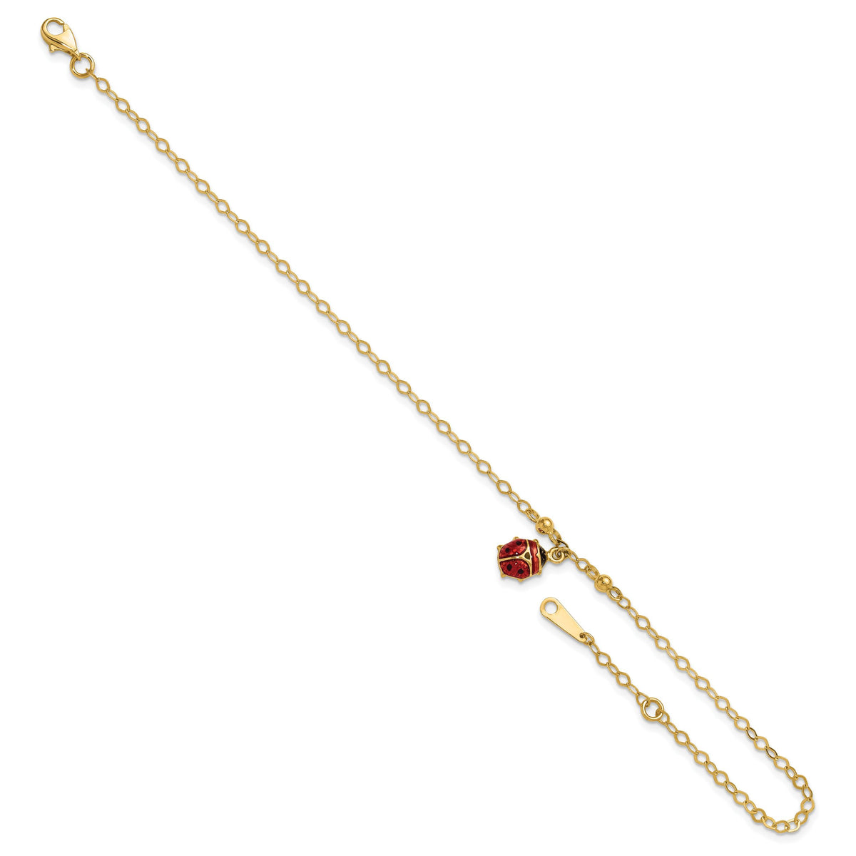 14K Adjustable Enameled Ladybug 9in Plus 1in ext. Anklet-ANK197-10