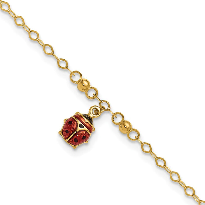 14K Adjustable Enameled Ladybug 9in Plus 1in ext. Anklet-ANK197-10