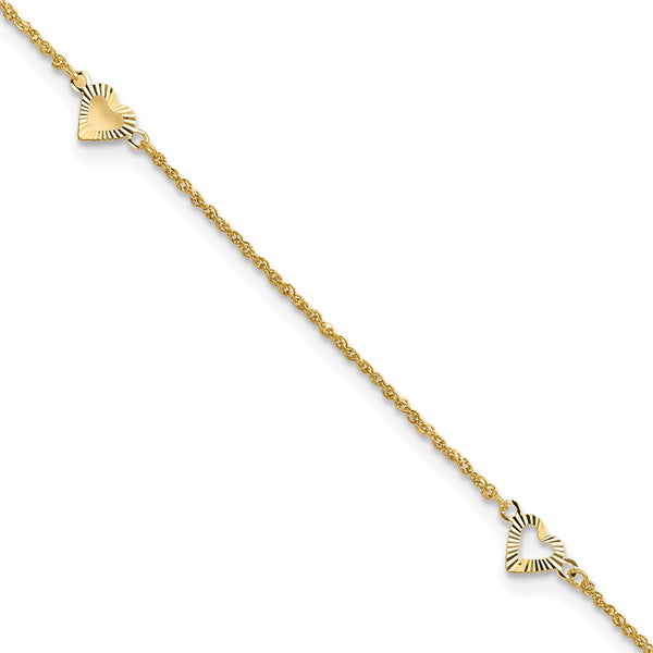 14k Diamond-cut Hearts 10in Plus 1in ext Anklet-ANK218-11