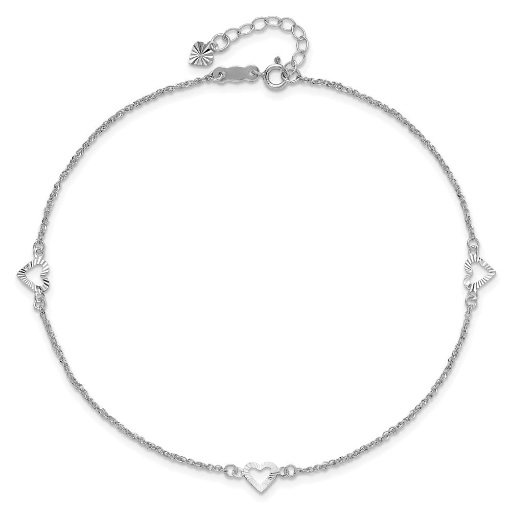 14k White Gold Diamond-cut Hearts 9in Plus 1in ext Anklet-ANK218W-10