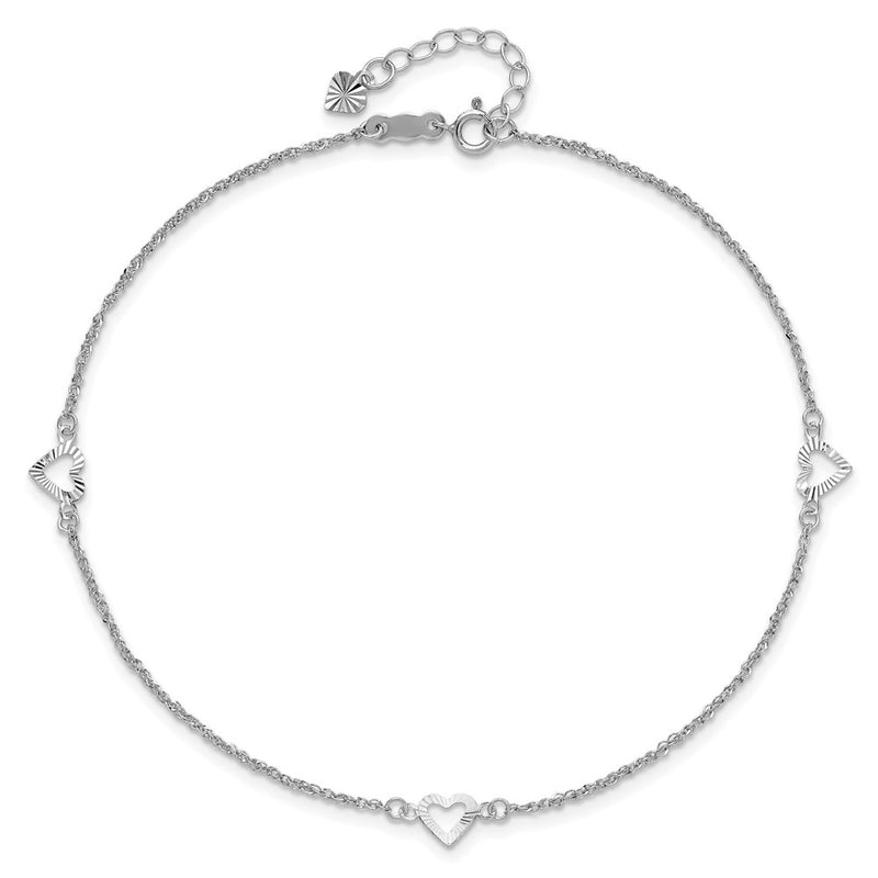 14k White Gold Diamond-cut Hearts 9in Plus 1in ext Anklet-ANK218W-10