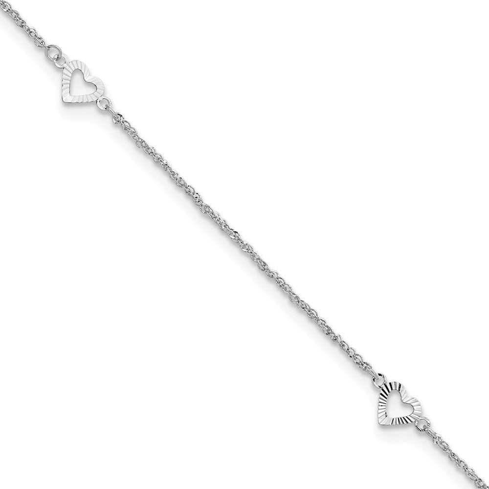 14k White Gold Diamond-cut Hearts 9in Plus 1in ext Anklet-ANK218W-10