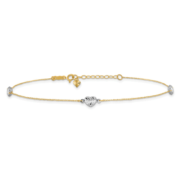 14k Two-tone Puff Heart 10in Plus 1in ext Anklet-ANK219-11