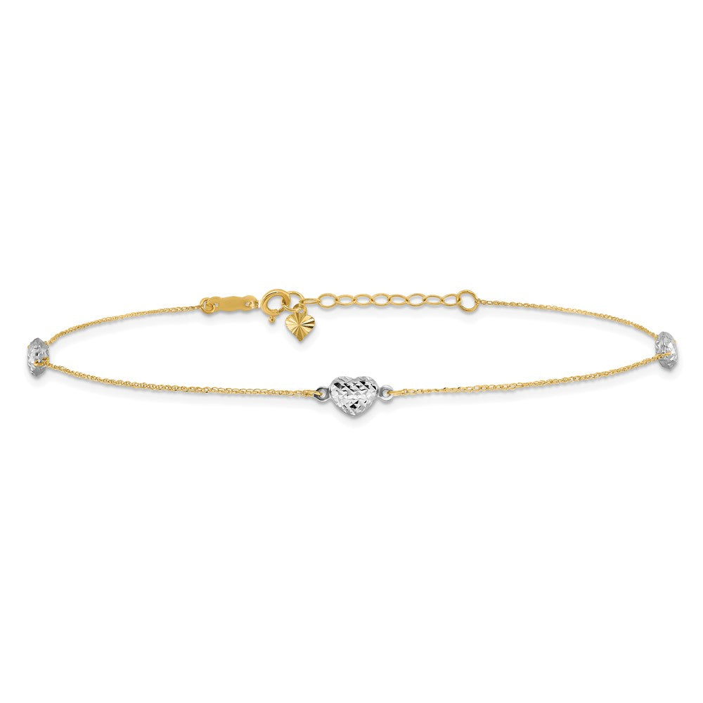 14k Two-tone Puff Heart 10in Plus 1in ext Anklet-ANK219-11