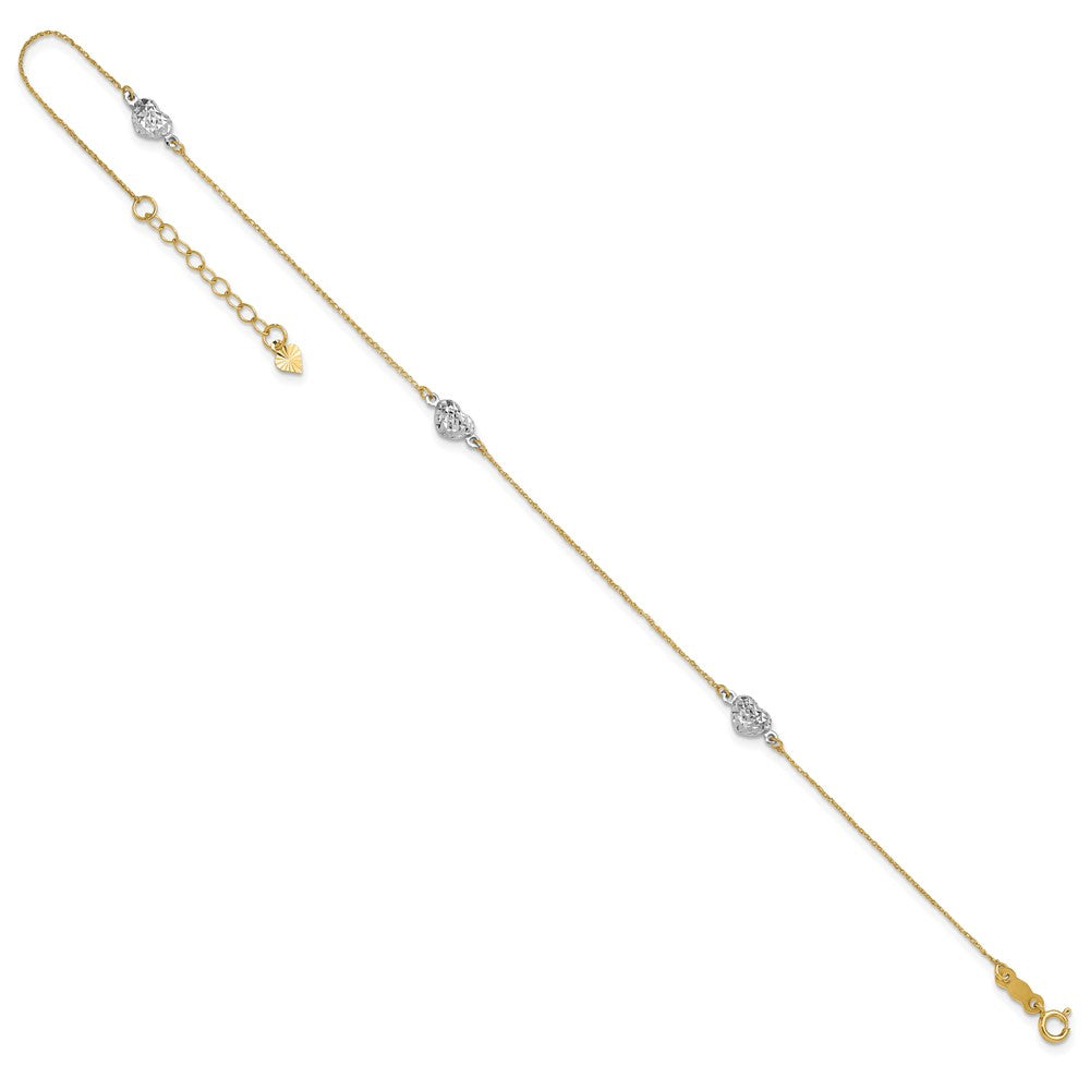 14k Two-tone Puff Heart 9in Plus 1in ext Anklet-ANK219-10