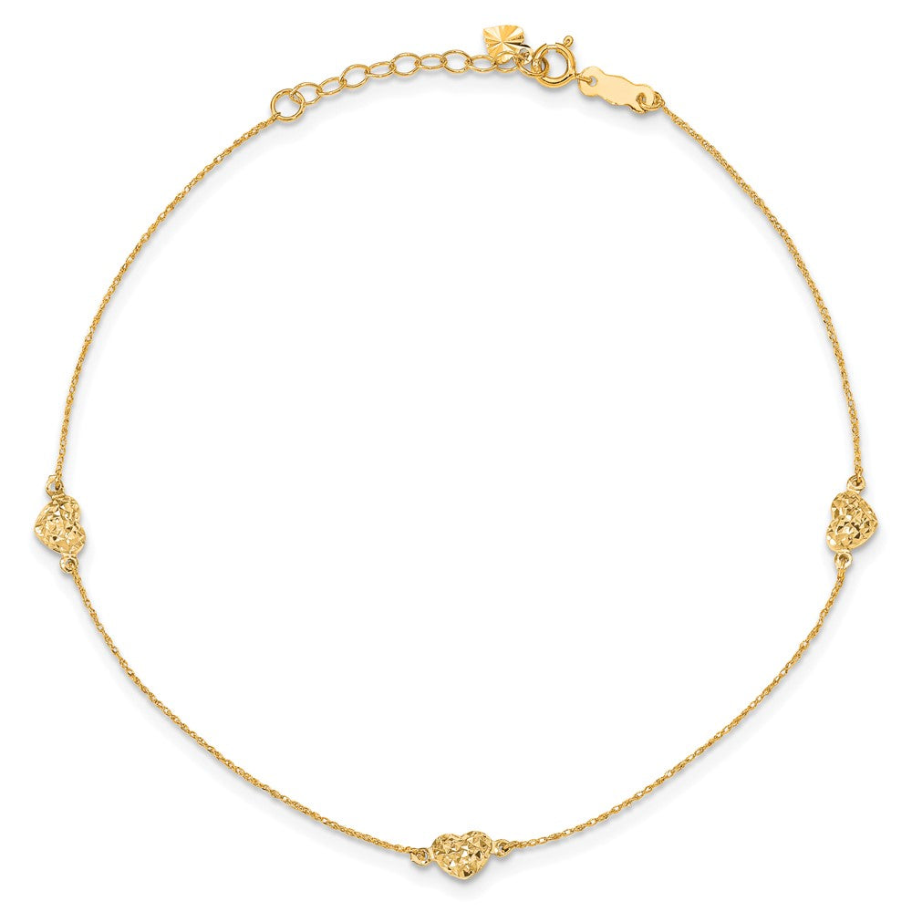 14k Puff Heart 9in Plus 1in ext. Anklet-ANK219Y-10