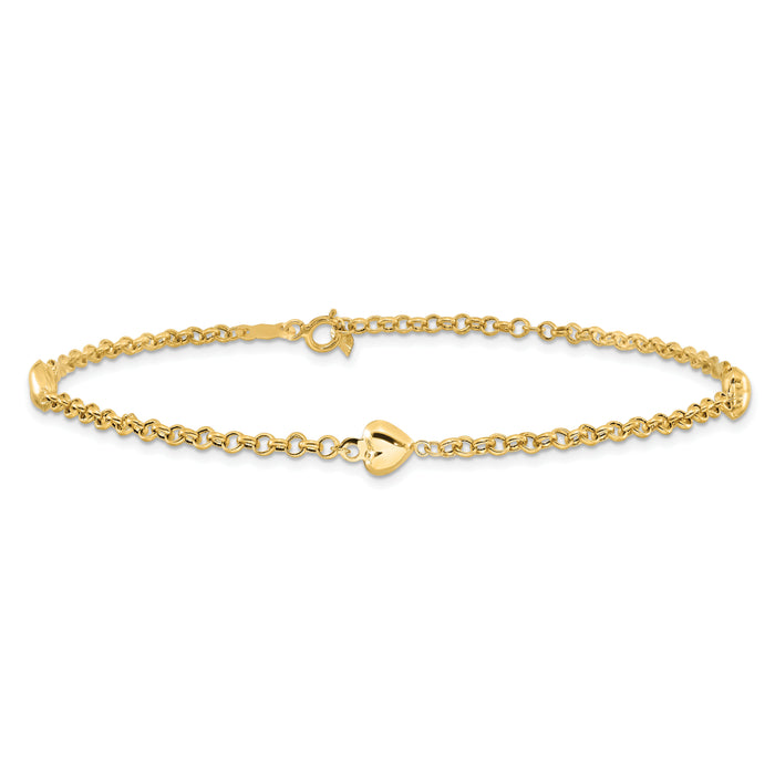 14k Puff Heart 10in Anklet-ANK220-10
