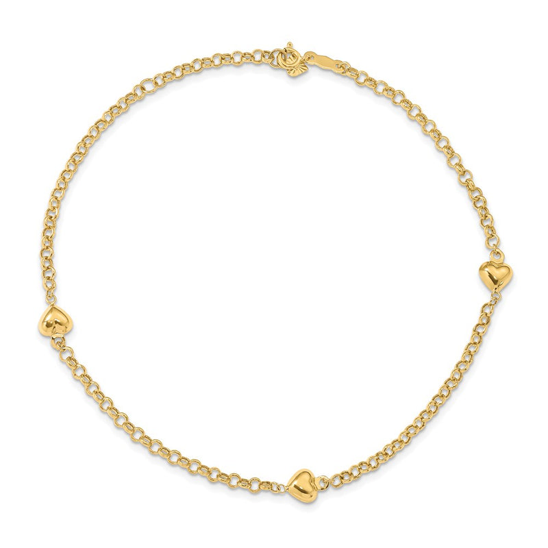 14k Puff Heart 10in Anklet-ANK220-10