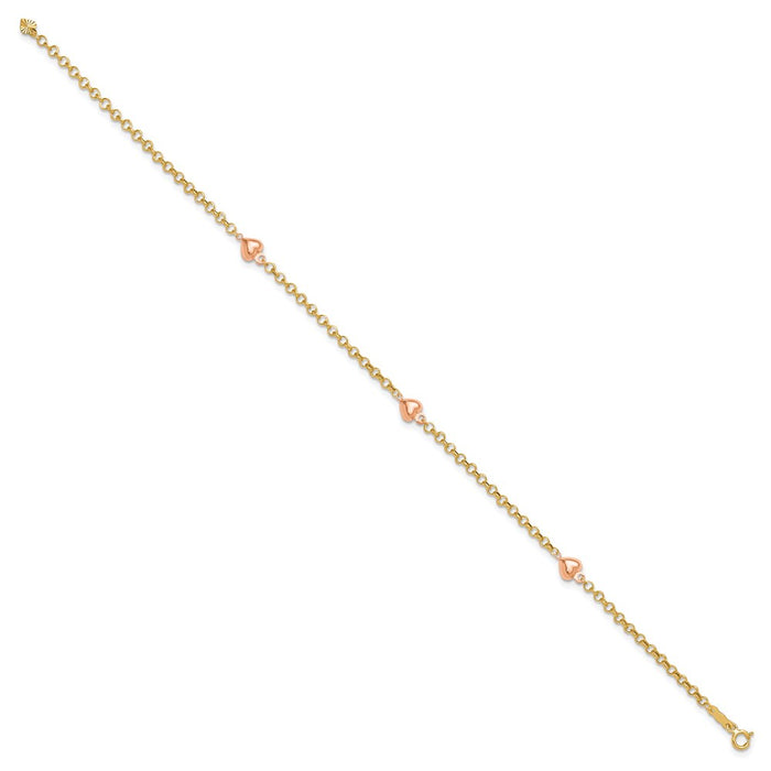 14k Two-tone Puff Heart 10in Anklet-ANK220Y/R-10