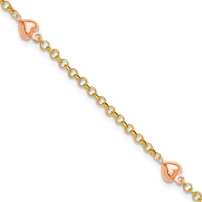 14k Two-tone Puff Heart 10in Anklet-ANK220Y/R-10